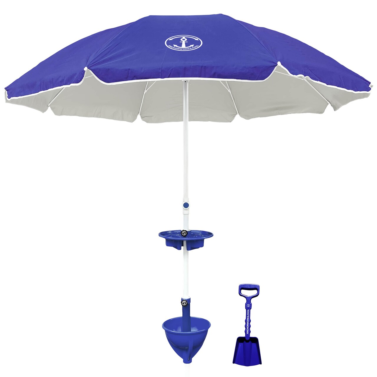 Anchor Works: Classic Beach Umbrella & AnchorONE Kit – Deep Ocean Blue - 7.5ft, Carry Bag, Sand Shovel & Drink Tray, UV-Protected, Outdoor Sun Canopy